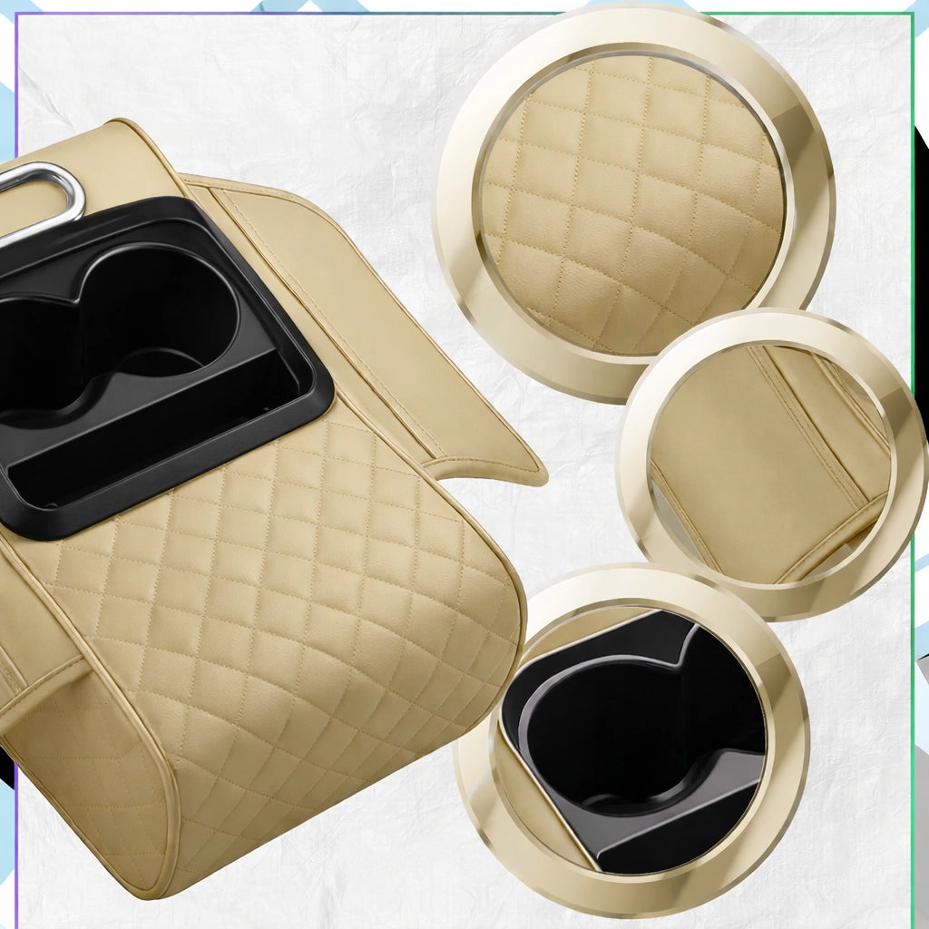 Cuscino Bracciolo Auto in Pelle 2 Portabicchieri in Pelle Beige Organizer