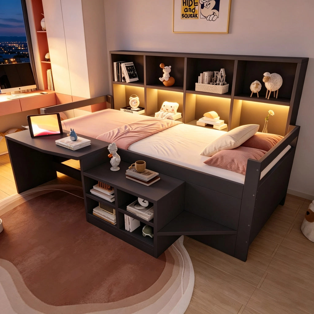 Letto a soppalco per bambini 90 × 200 cm con scrivania, vani portaoggetti, LED, USB e presa, senza materasso