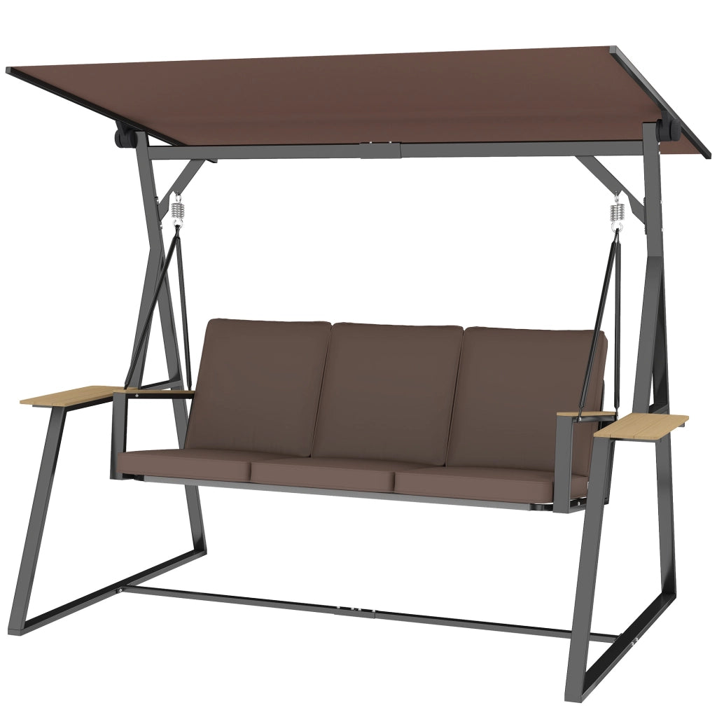 Dondolo da Giardino 3 Posti con Tettuccio Regolabile, Dondolo da Esterno in Metallo con Vassoi Porta Bicchieri, Cuscini Imbottiti, Portata 360kg, per Terrazzo Balcone, 222x131x175 cm, Marrone