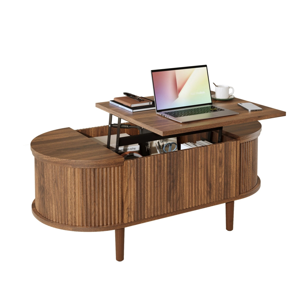 Tavolino da salotto ovale regolabile - Zephmum - Vintage, gambe in legno massello, con spazio di archiviazione