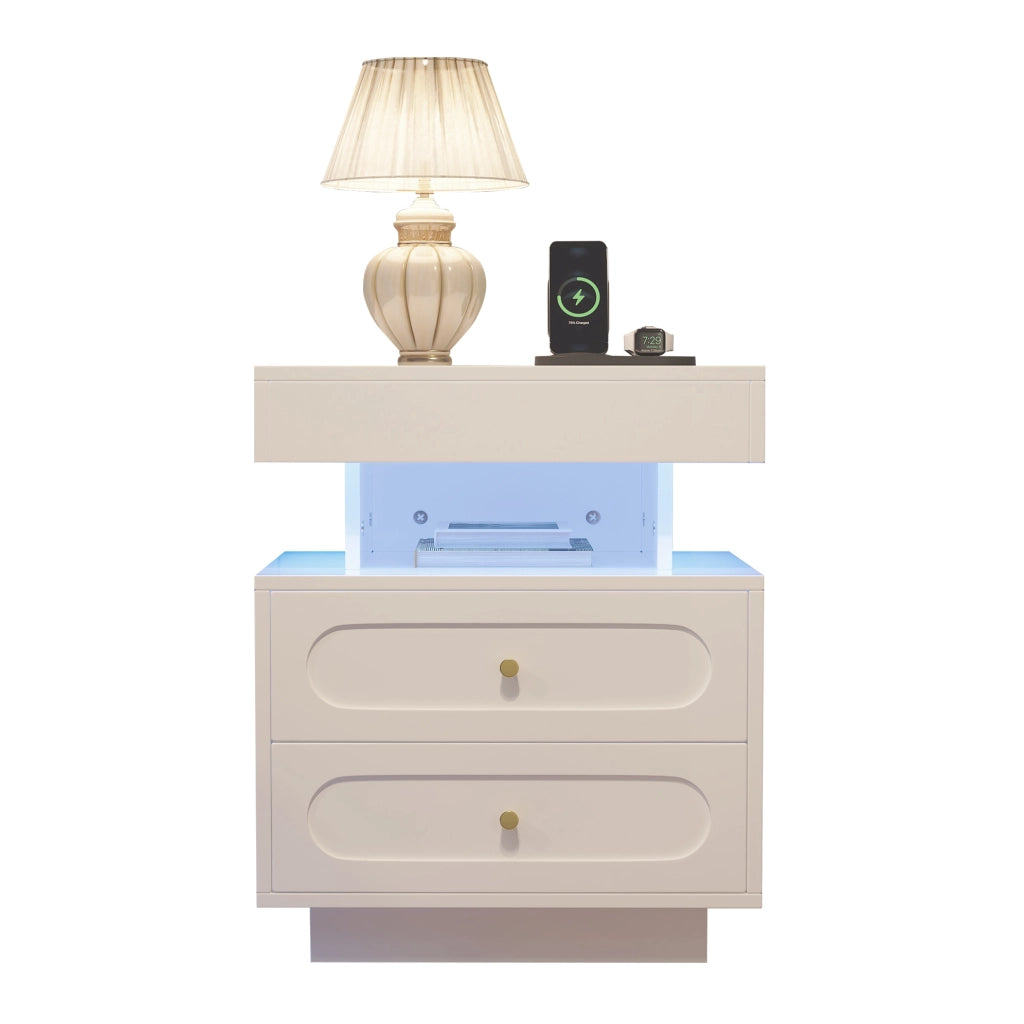 Comodino bianco con LED, 2 cassetti e vano aperto, 50x40x60 cm