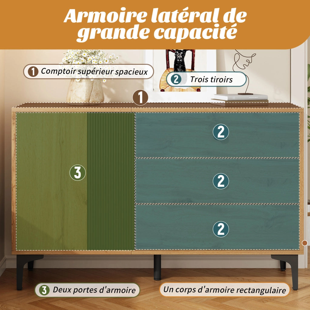Credenza con 1 Anta e 3 Cassetti; Piedini in Metallo; Stile Moderno; in Pannelli di Particelle; Nero e Naturale; 120??35??76 cm