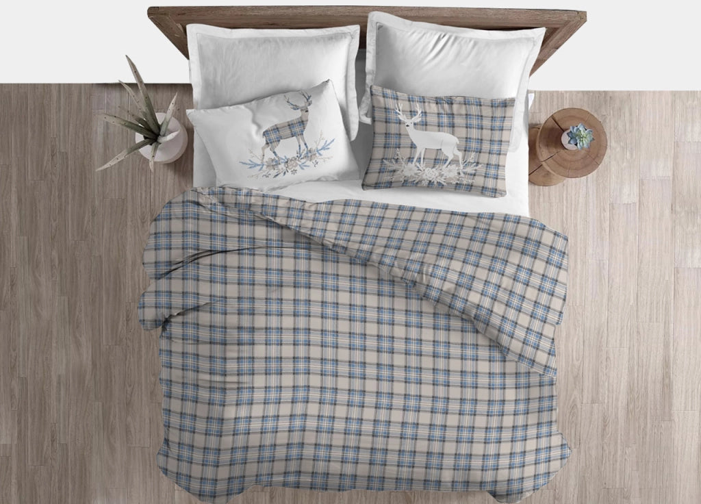 Copripiumino Sacco Piumone Cotone Flanella Pensieri Delicati Dis. Tartan Cervo - Singolo - Azzurro