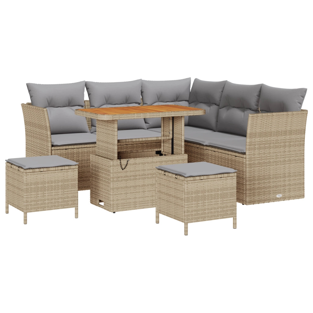 Set di Divani da Giardino 8 Pezzi con Cuscini Beige in Polyrattan e Acacia