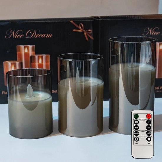 LED candele riscaldabili con telecomando, candele elettriche senza fiamma a forma di colonnina, candele in acrilato grigio, confezione da 3 pezzi con diametri di 8 x 10/12,5/15 cm.