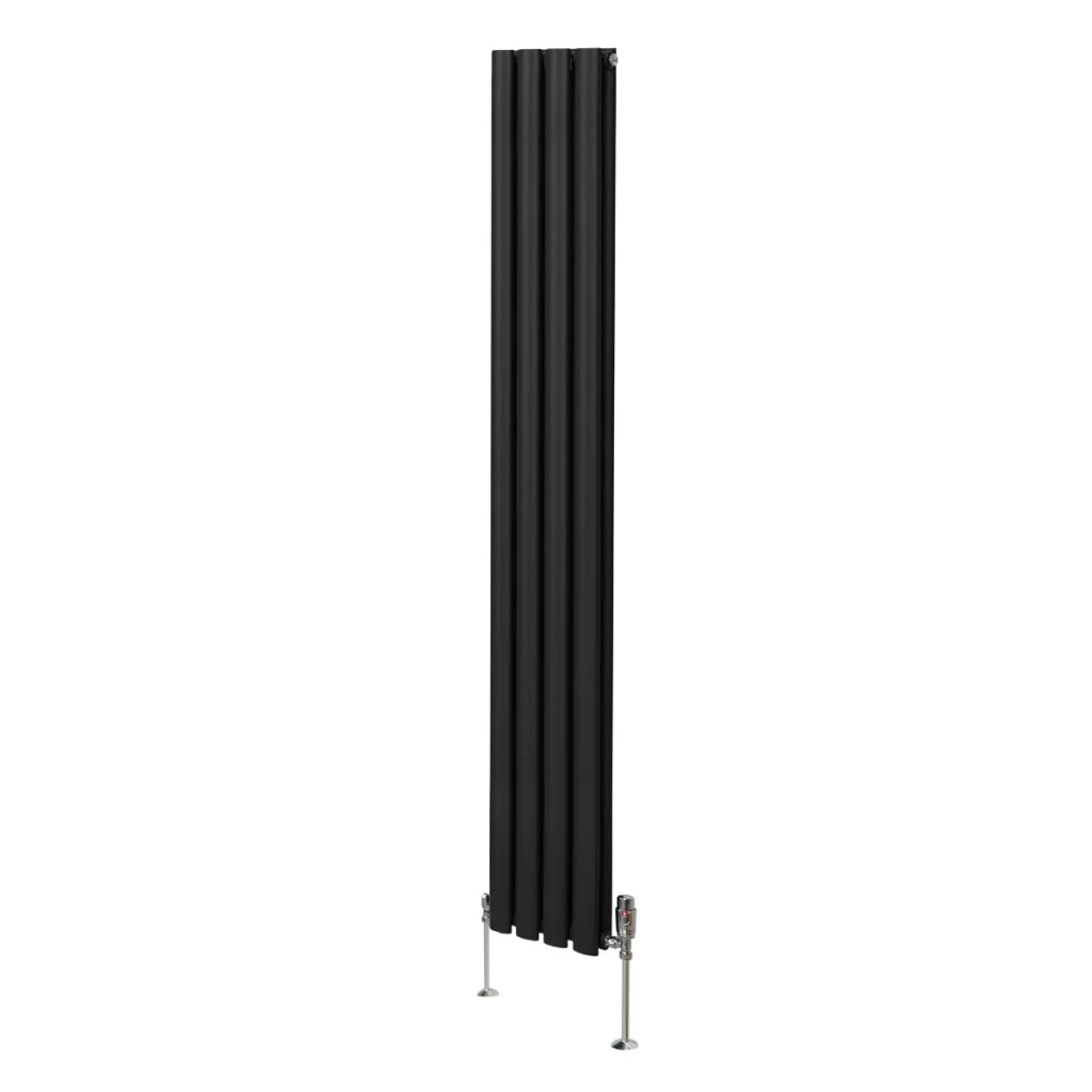 Radiatore a colonna ovale e valvole cromate TRV Designer nero 1800mm x 240mm