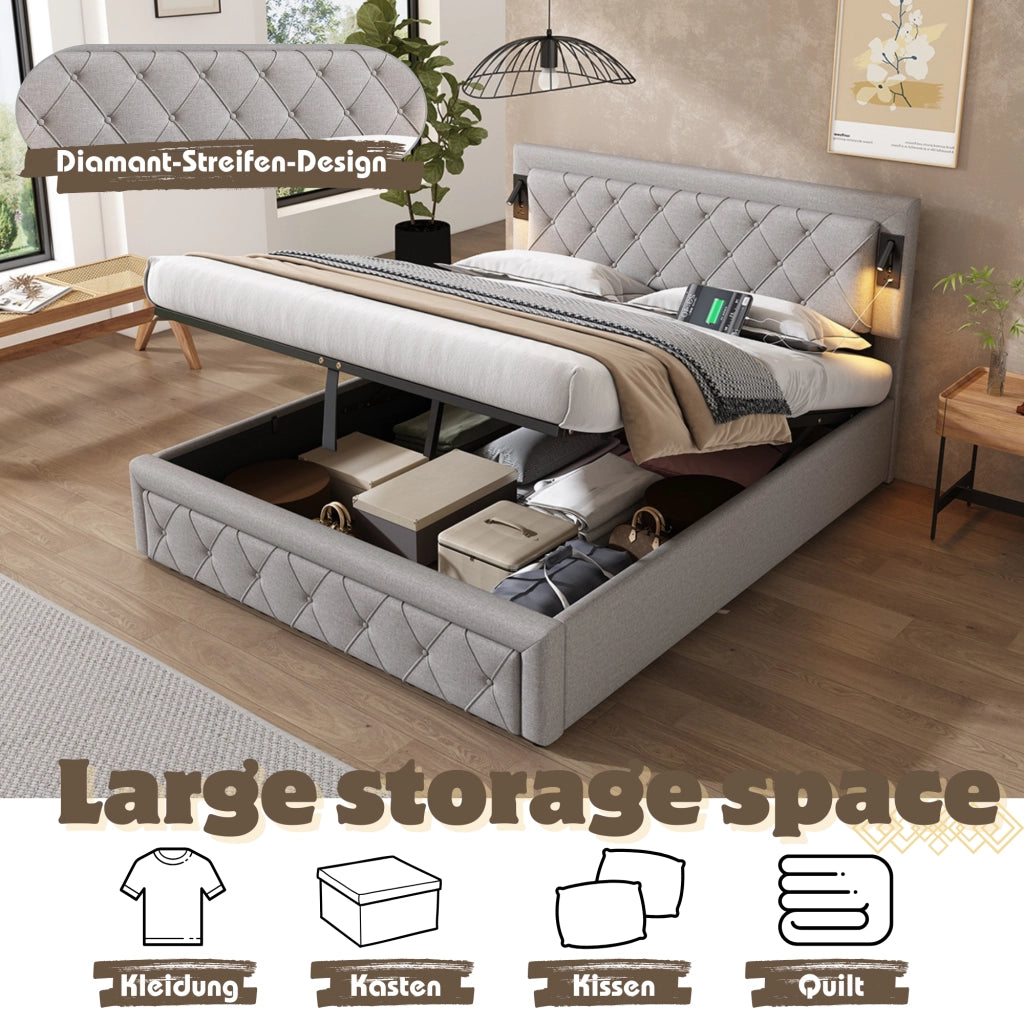 Letto Contenitore; Letto Matrimoniale con LED; USB e rete a doghe; in Lino Grigio