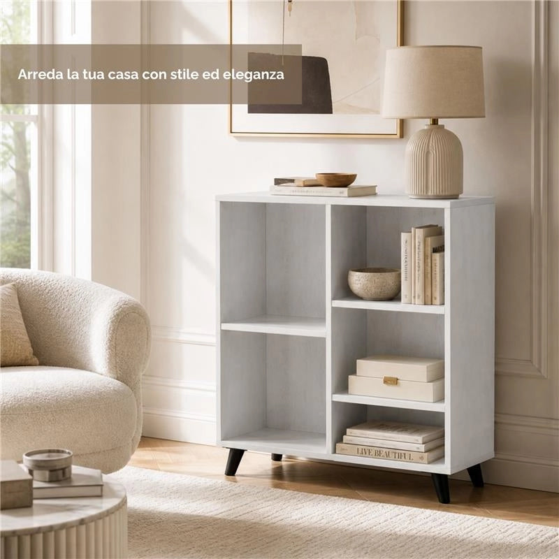 LIBRERIA IN LEGNO BIANCO MODERNA CON 5 RIPIANI SFALSATI DIMENSIONI 80X30X90 CM