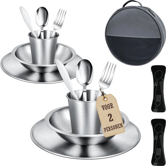 Set di Cucina da Campeggio per 2 Persone - Set di Servizio Portatile - Cucina in Acciaio Inossidabile - Incluso Tasca per Cucina - BPA-vrij - Duraturo e Resistente alla Corrosione