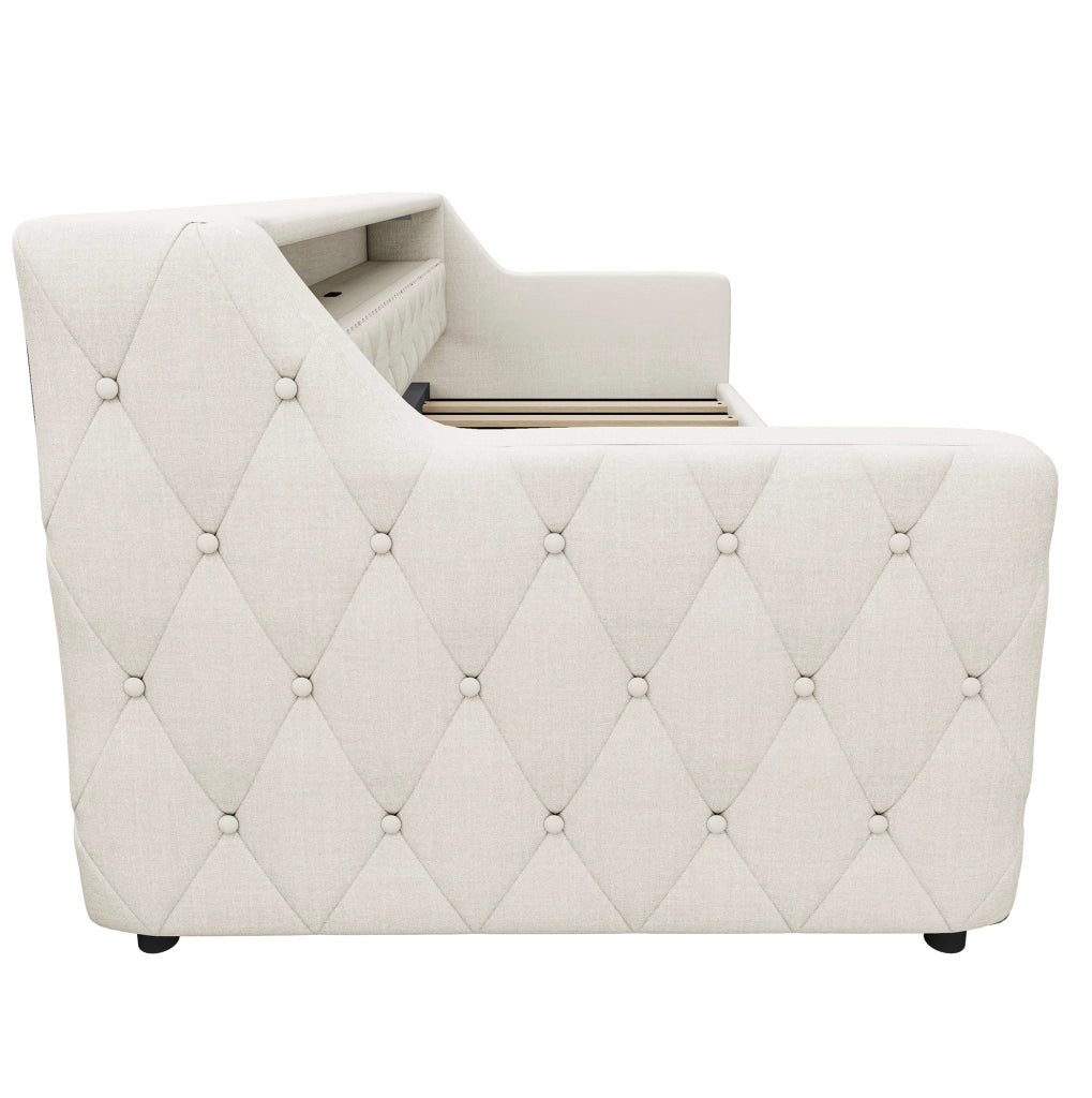 Daybed 211x106x77 cm con contenitore idraulico; LED e porte USB e USB C in lino e MDF beige