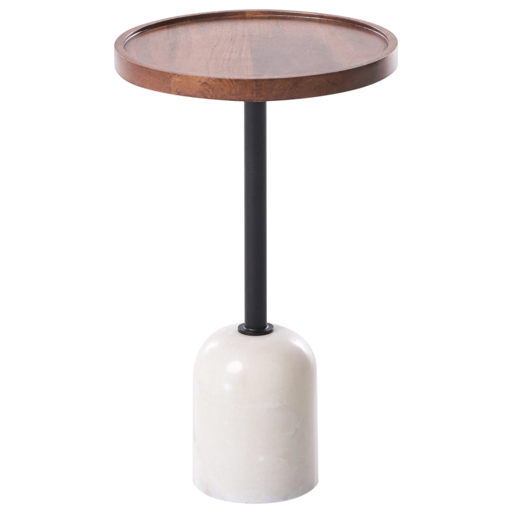 Tavolino moderno con piano rotondo in legno di mango e base in metallo e marmo Tavolino rotondo per soggiorno Marrone e bianco