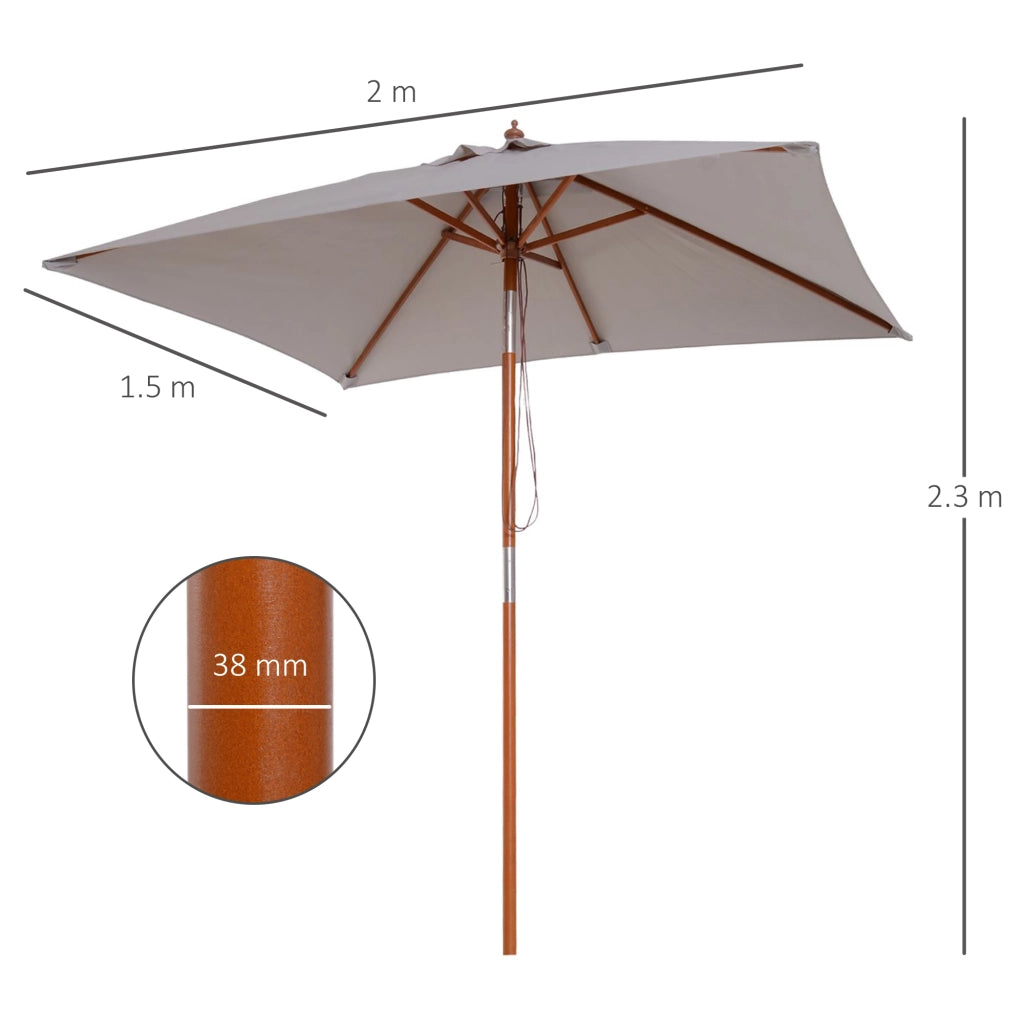 EasyComfort Ombrellone da Giardino Inclinabile 2x1.5 m a 6 Stecche con Palo in Legno di Abete, Grigio