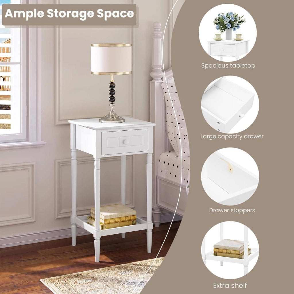 Comodino Alto con Cassetto e Ripiano Aperto, Tavolino da Divano 35x35x70,5cm, Tavolino da Salotto Bianco per Camera da Letto, Soggiorno, Stile Barocco, Gambe in Legno Massello, NTS09ws