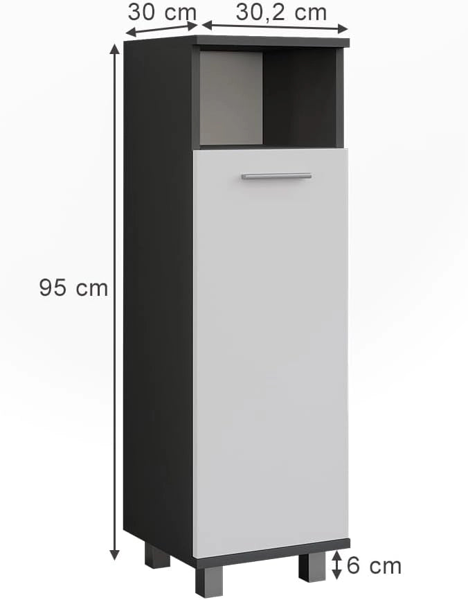 Mobiletto midi Ilias, Antracite/bianco, 30.2 x 95 cm con porta, per la conservazione di articoli da bagno e asciugamani