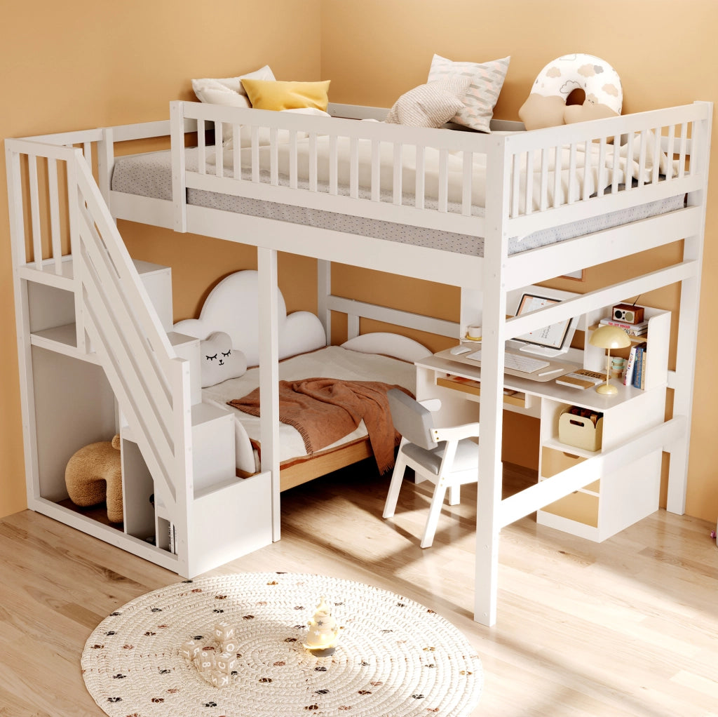 Letto in legno 140x200 cm con scala contenitore e sponda alta; bianco