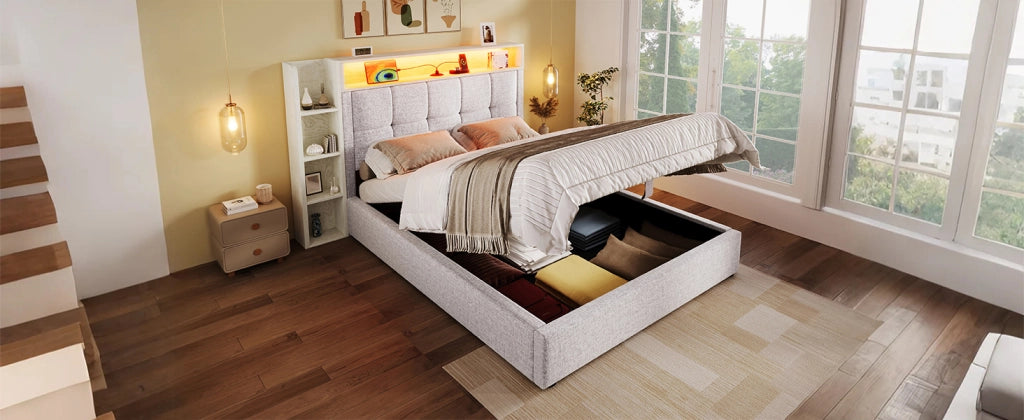 DESMIU Letto contenitore 90 × 200 cm 1 piazza con USB, Type-C, LED e vano idraulico, senza materasso, beige