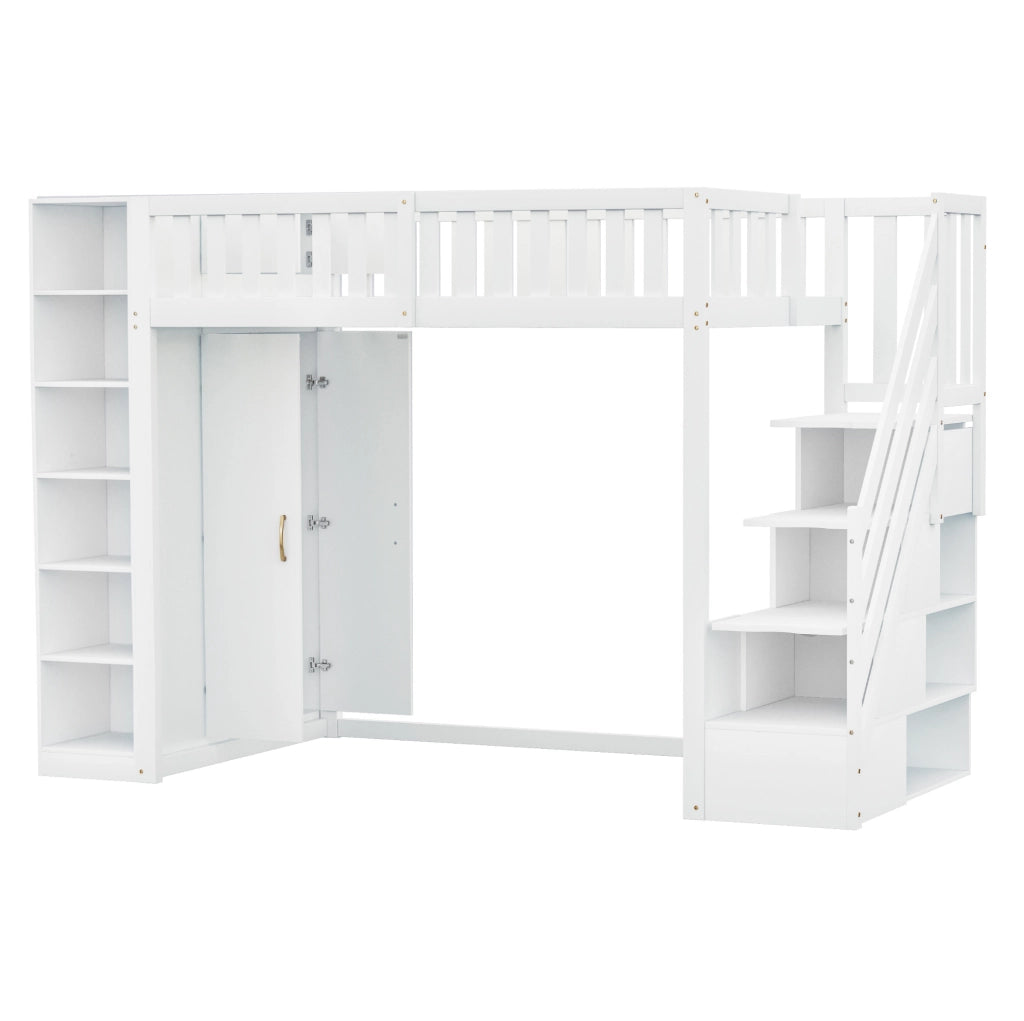Letto a castello multifunzione 90x200 cm con armadio, scaffali e scaletta di sicurezza bianco