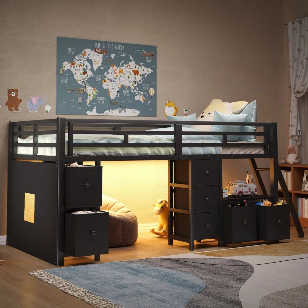 Letto a soppalco basso 208x98x104.5 cm con sponde di sicurezza; LED; metallo; nero