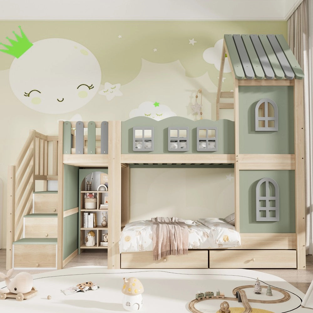 Letto a castello per bambini ¨C Minimal ¨C 90x200 cm in legno verde con cassetti e mensole
