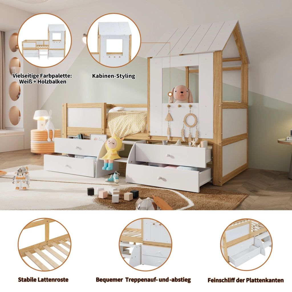 Letto Casetta 90x200 cm - 4 Cassetti; Scala e Finestra - Legno - Bianco e Naturale