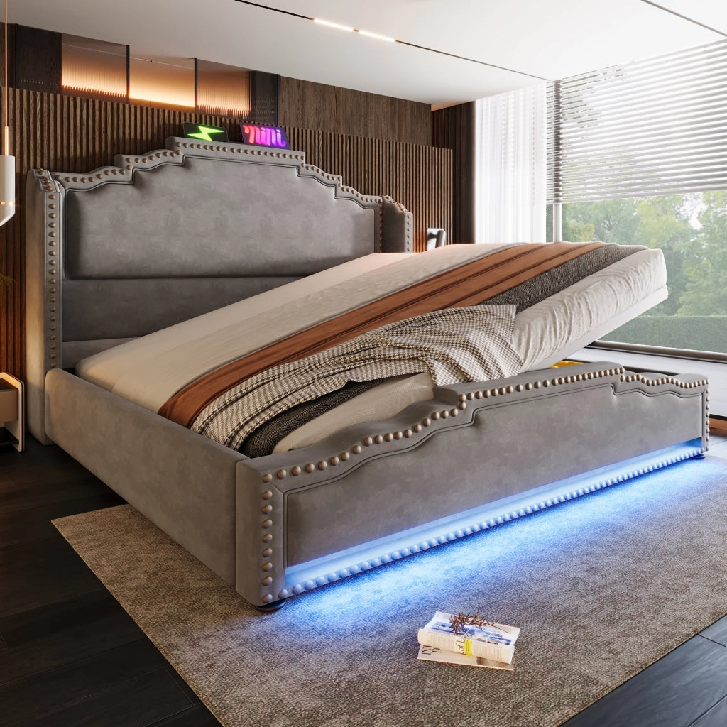 Letto Imbottito Contenitore 140x200 con LED ¨C MINIMAL ¨C Velluto Grigio, Idraulico, Rete a Doghe