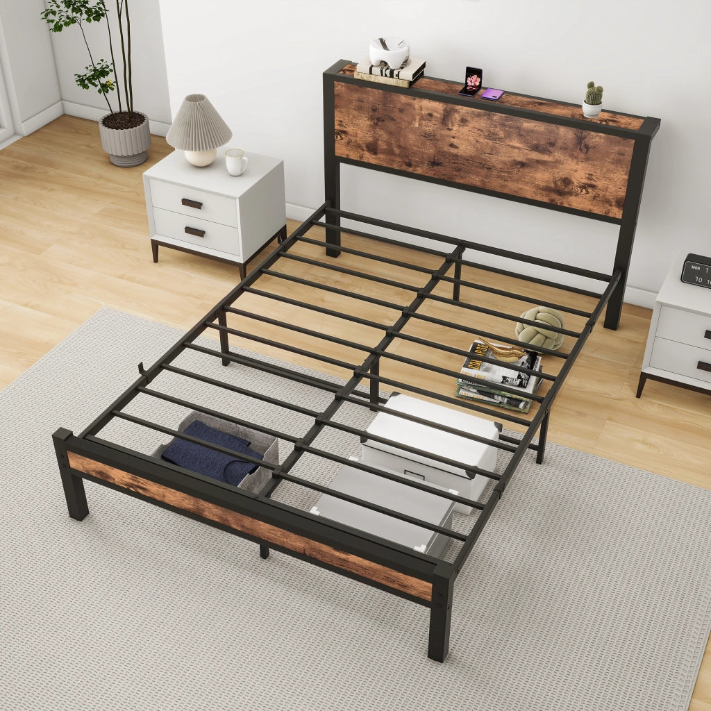 Letto matrimoniale 140x200 cm in metallo e MDF con contenitore