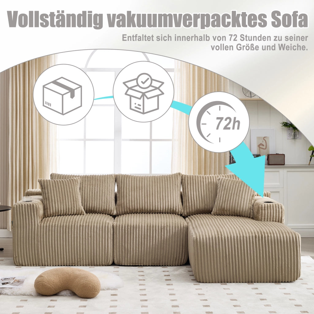 DIVANO Modulare con Chaise Longue e 2 Posti 257x160x62 cm Corda Kaki