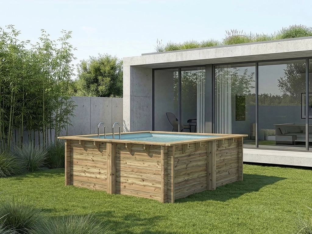 Piscina rettangolare in legno "Maldive" - ??3,20 x 3,20 x 1,24 m + mini pompa di calore 3,5 kW - Metallo - Grigio