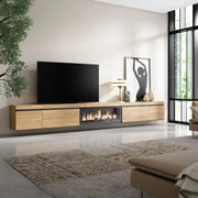 Mobile TV Soggiorno, 368x35x45, Camino elettrico XXL, da appendere, colore Rovere RF3693
