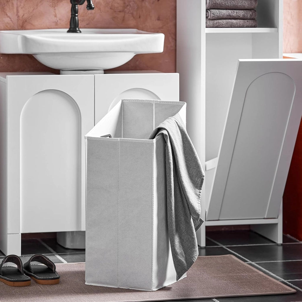 Wäscheschrank con Sacco Portabiancheria Mobile Bagno Salvaspazio con Cesto Estraibile Mobiletto Bagno in Legno per Piccoli Bagni o WC Ospiti, Bianco, 30x97x30cm BZR161-W