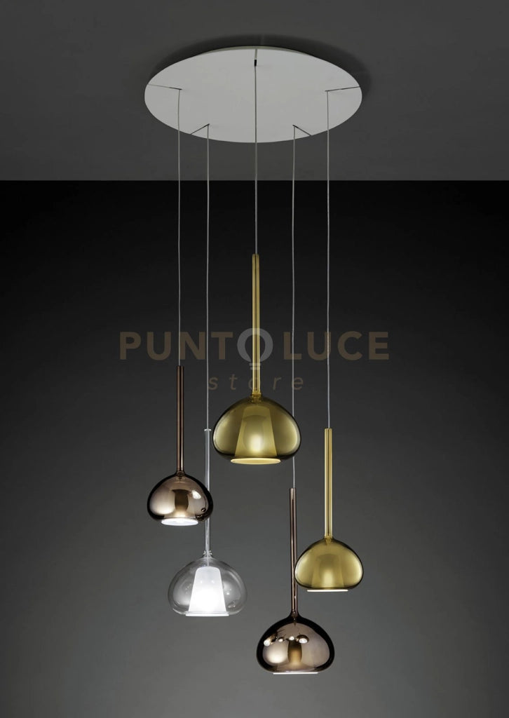 BEBA LAMPADARIO A SOSPENSIONE TONDO 5 LUCI VETRI BRONZO, ORO, TRASPARENTE ATTACCO G9 D.15CM