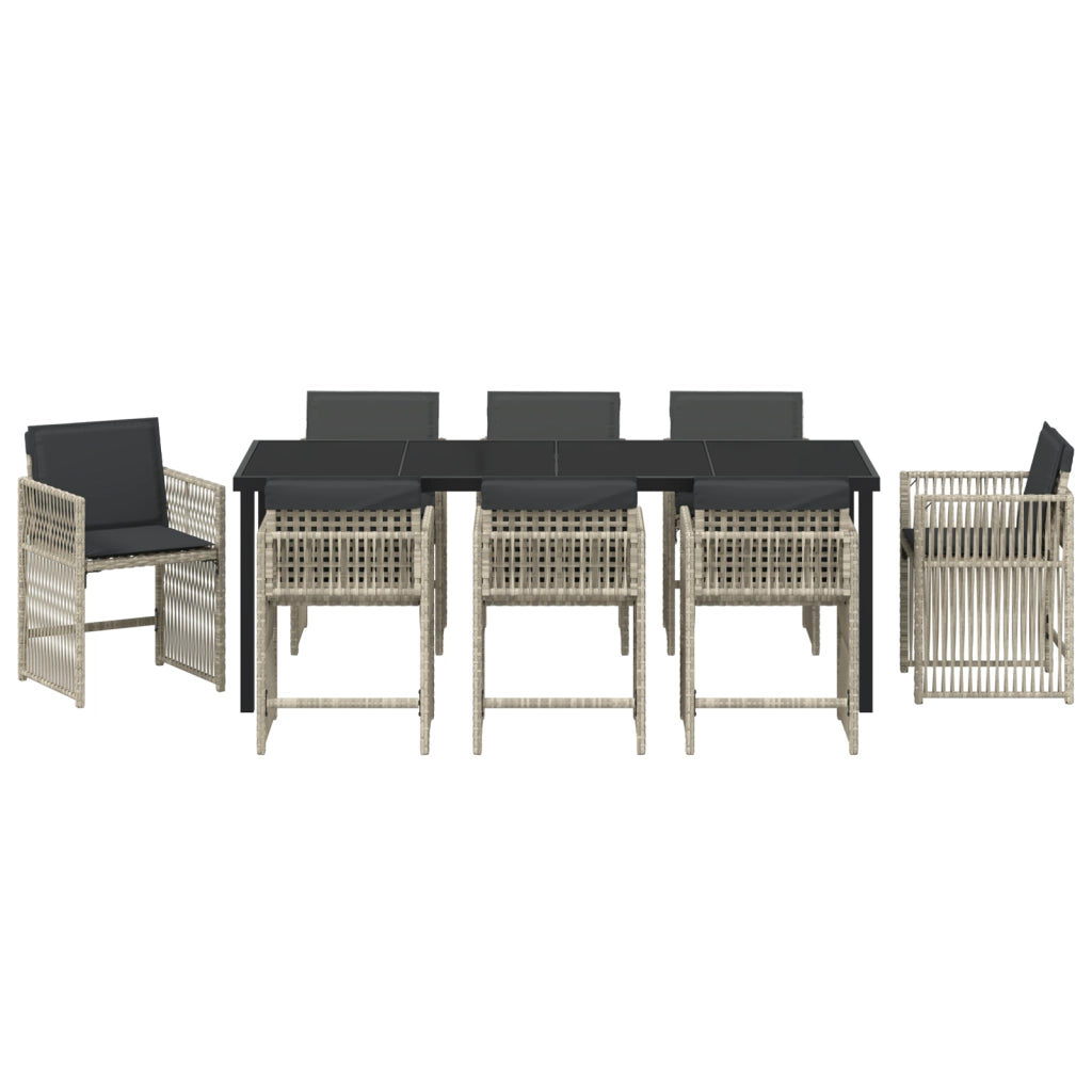 Set da Pranzo da Giardino 9 Pezzi con Cuscini Grigio Chiaro in Poly Rattan