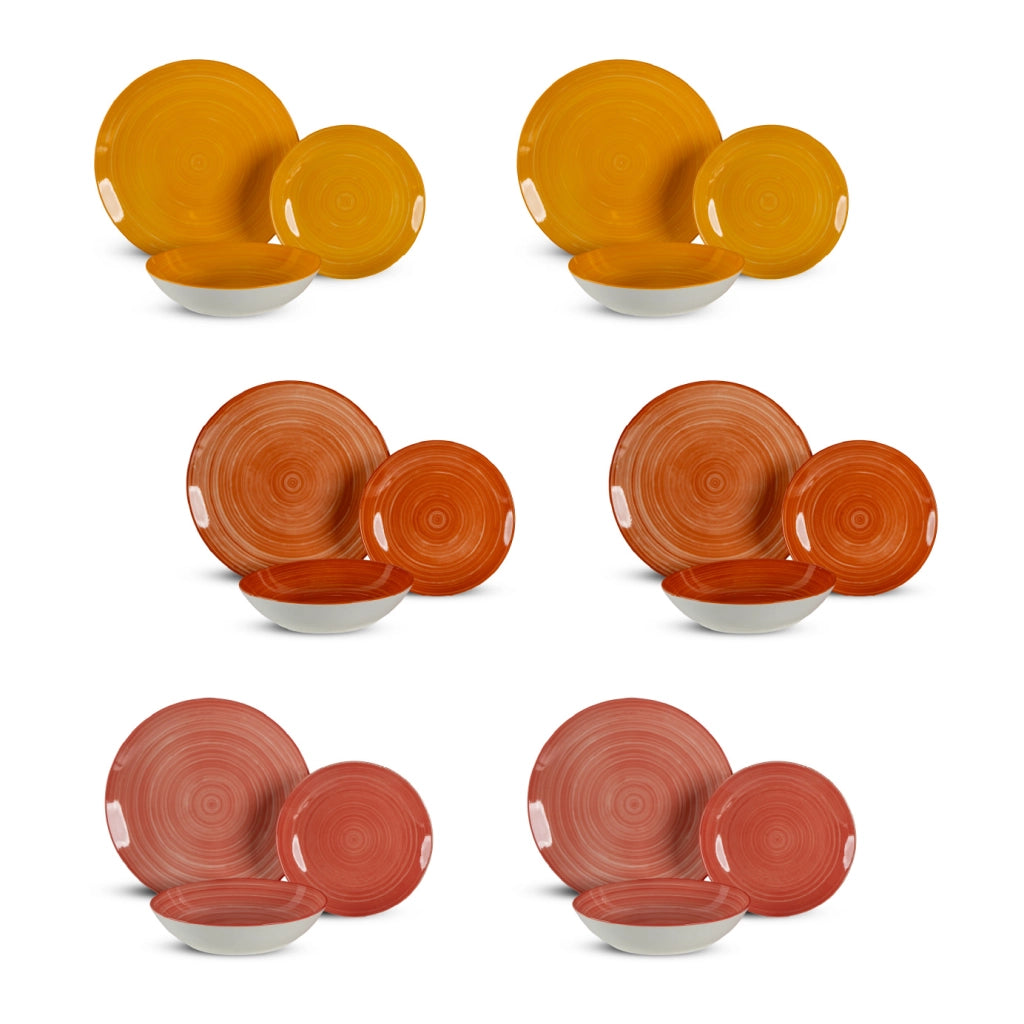Set 18 Piatti in Porcellana Colorati Servizio Tavola Moderno 6 Persone Piatti Piani Ø27 cm, Fondi Ø20 cm e Dessert Ø19 cm Lavastoviglie e Microonde Certificati per Contatto Alimentare Fuoco