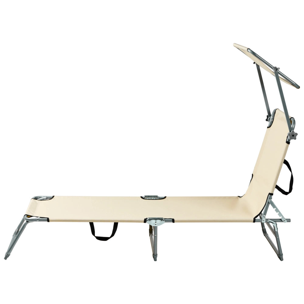 Lettino da giardino Beige Struttura in acciaio Schienale reclinabile pieghevole Tettuccio staccabile Resistente alla ruggine