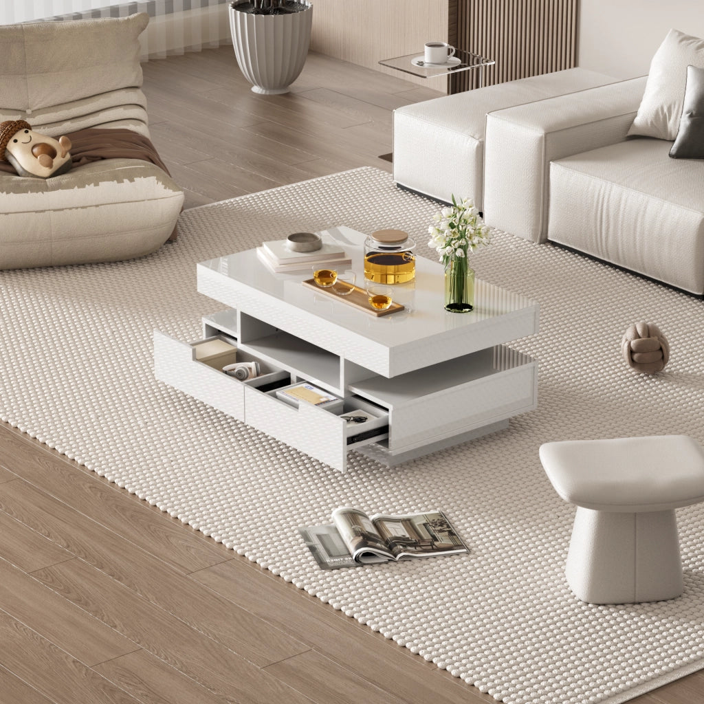 Tavolino da caffè 80x50x36 cm; superficie lucida con LED regolabile; pannello truciolare bianco