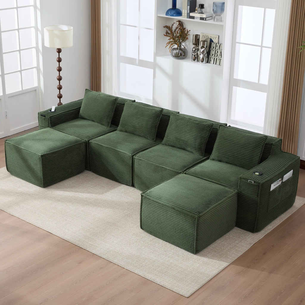 Divano modulare 4 posti con portabicchieri e tasche laterali in tessuto a coste verde 330 × 162 × 75 cm