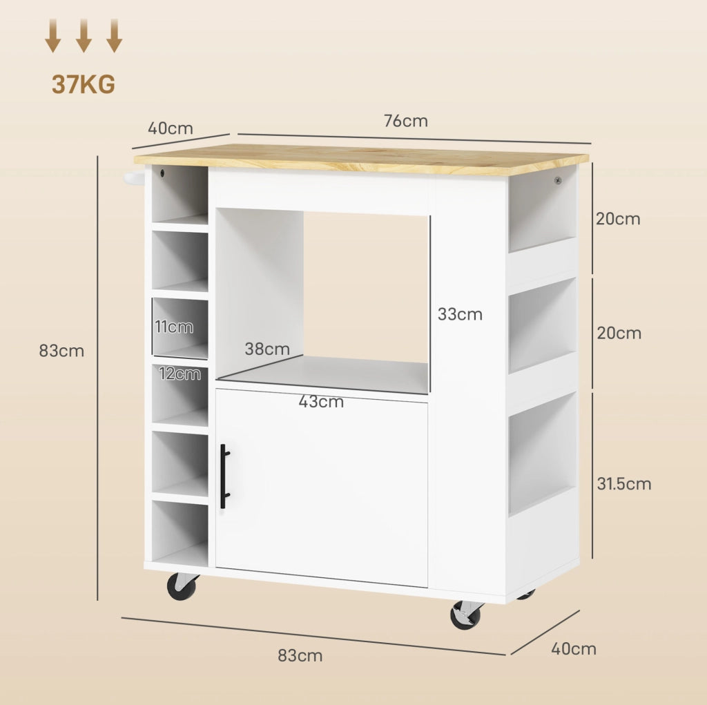 Carrello da cucina con piano in legno, ripiani e portabottiglie