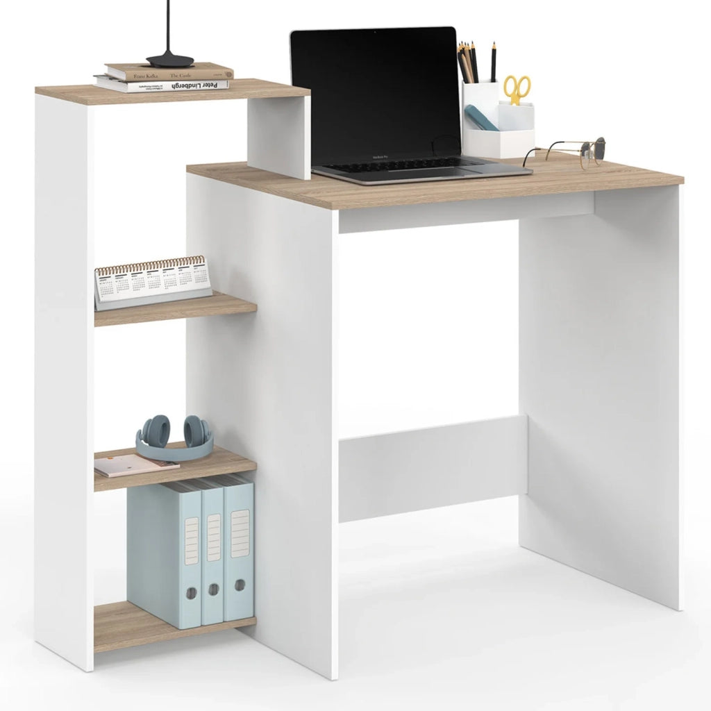 IDMarket - Scrivania LILIAN con ripiani modulari laterali in legno effetto faggio e bianco