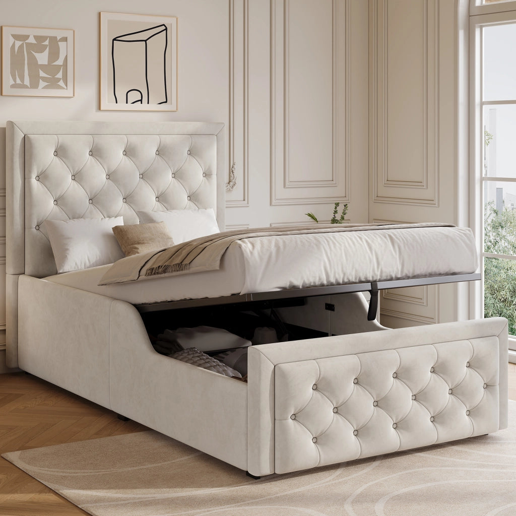 Letto Contenitore Singolo Imbottito ¨C MINIMAL ¨C Velluto Beige 90x200 con Rete a Doghe e Testiera