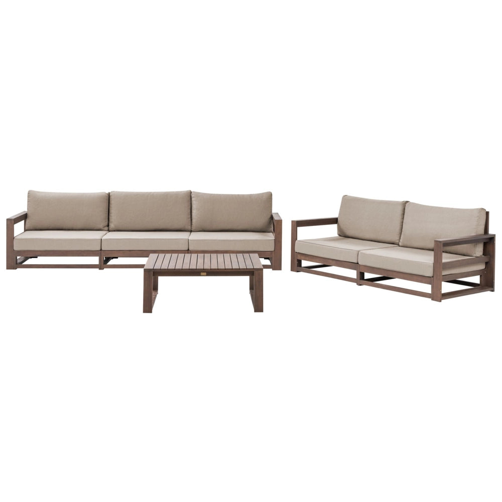 Set da giardino 5 posti in legno di acacia con cuscini tortora con tavolino moderno elegante
