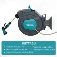 Avvolgitubo Automatico a Parete Girevole a 180°, Tubo Acqua da 15+1.4m e Pistola Multifunzione, Grigio