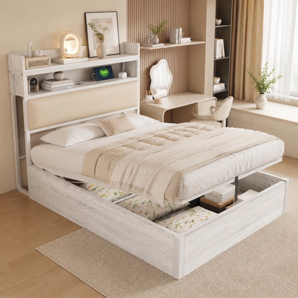 LETTO 90x200 cm con contenitore, USB, testiera imbottita, bianco