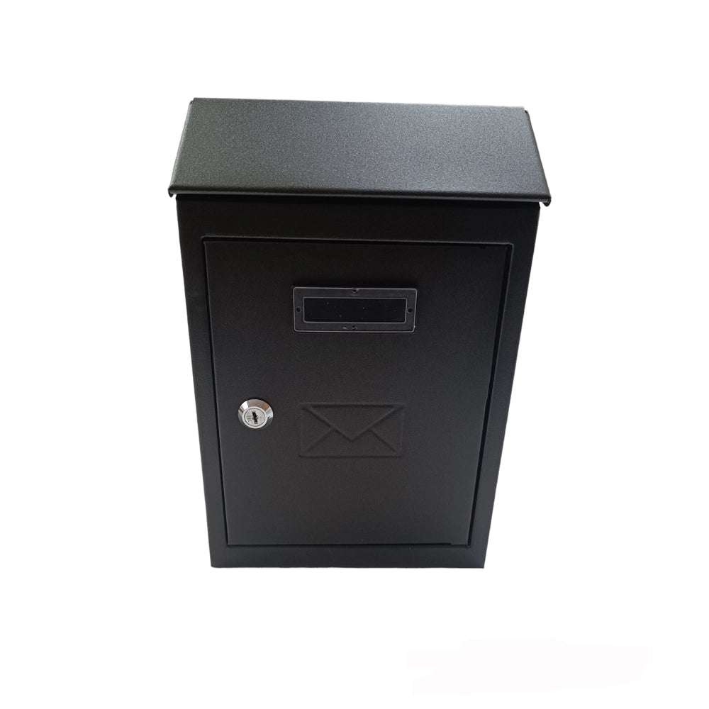 CASSETTA POSTALE ESTERNO A PARETE BUCA LETTERE IN ACCIAIO TETTO CHIAVE 30x20x6cm NERA