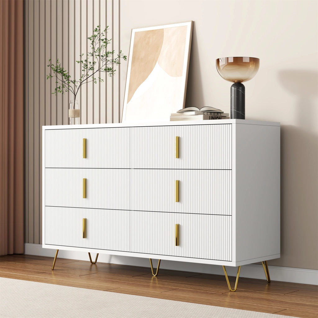 Credenza con 6 Cassetti; Frontale Ondulato; Maniglie e Gambe Dorate; Stile Moderno; in Pannello Truciolare; Bianco+Oro; 120??40??77 cm