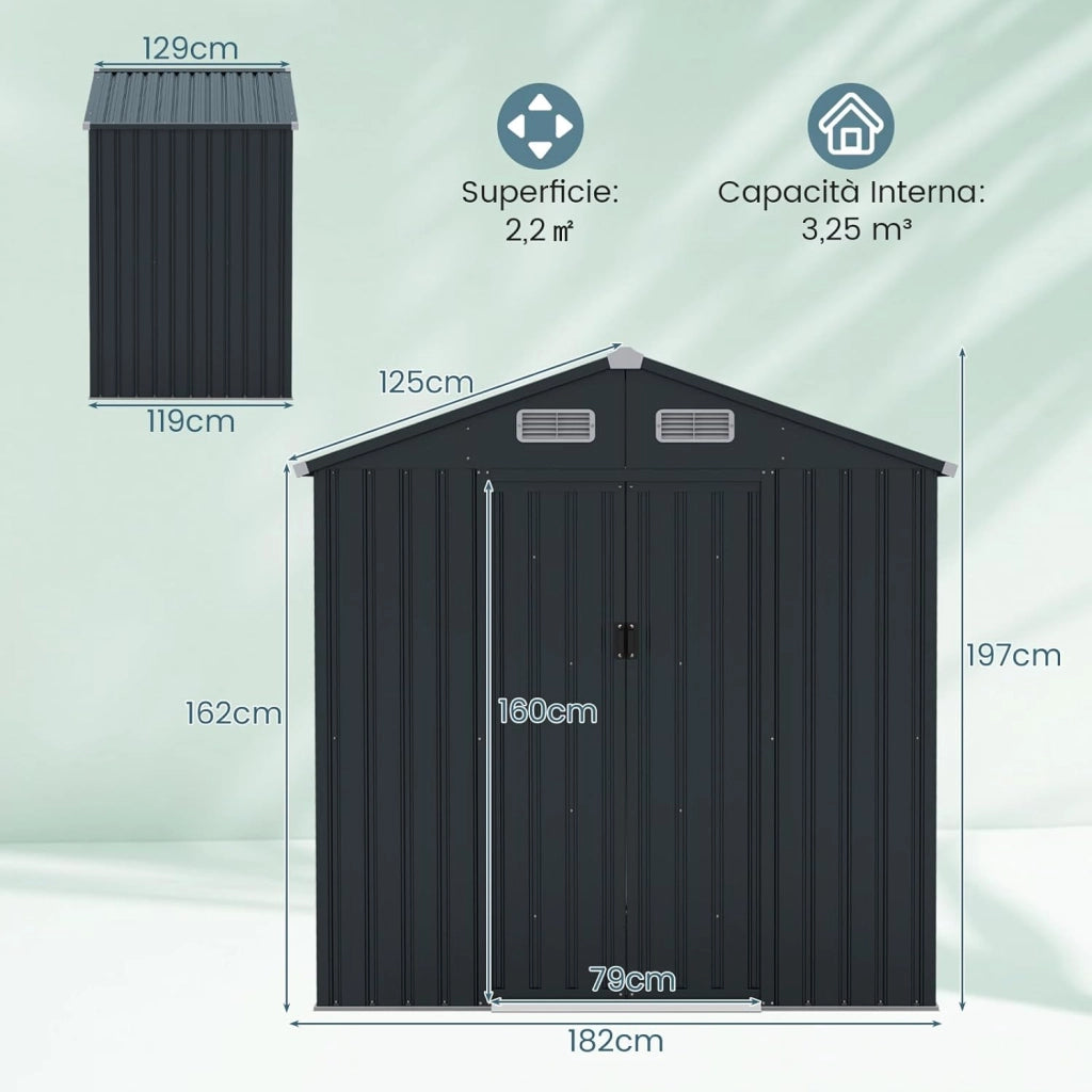 Casetta da Giardino 3,25 m³, Capanni da Esterno Porta Attrezzi Multifunzionale con Tetto Inclinato, Porte Scorrevoli, Ventilazione e Telaio Metallico Zincato 192,5 x 129 x 196 cm