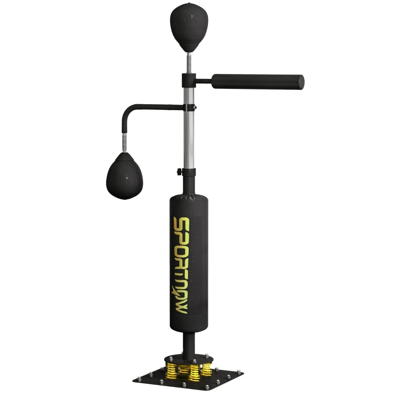 Supporto per boxe, due speedball, barra girevole per boxe, cuscinetti per calci, altezza regolabile, acciaio, 107 x 36 x 140-205 cm, nero