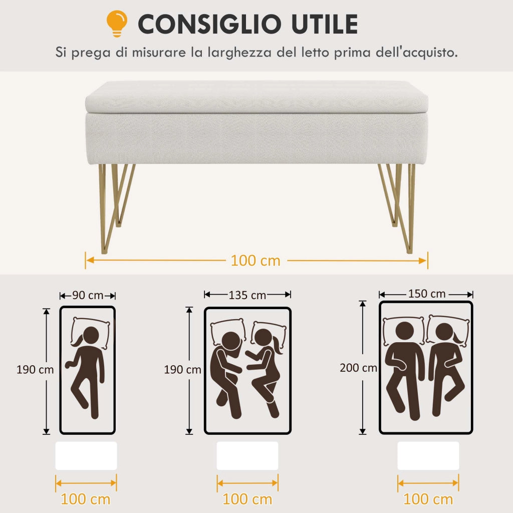 Panca Fondo Letto con Contenitore in Tessuto ¨C Zephmum ¨C Crema 100x40x49cm