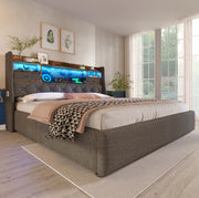 Letto imbottito grigio 140x200 cm con contenitore, LED e prese di ricarica