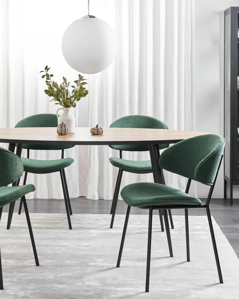 Set di 2 sedie da pranzo con sedile imbottito in tessuto verde senza braccioli schienale curvo stile moderno