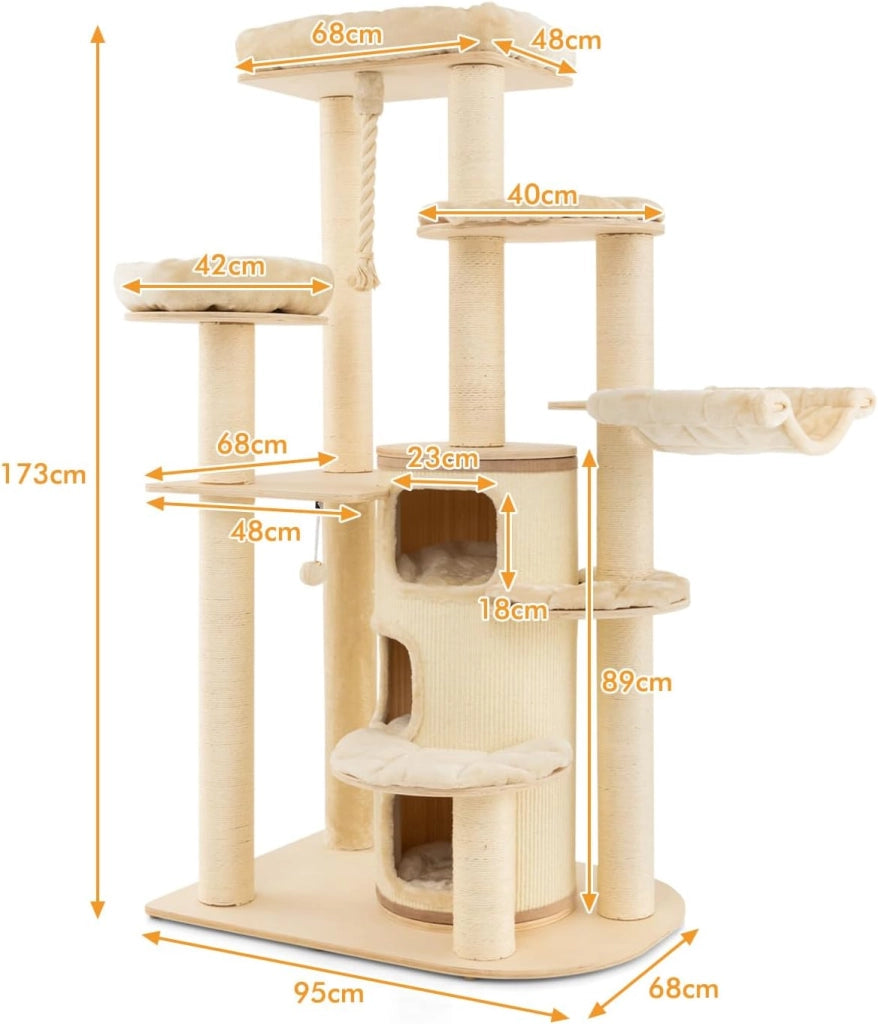 Albero Tiragraffi da 173 cm per Gatti, Torre per Gatti in Legno con Nicchia a 3 Piani, 2 Cucce Tiragraffi, Piattaforme, Amaca, Mobili Moderni per Gatti da Interno (Beige)